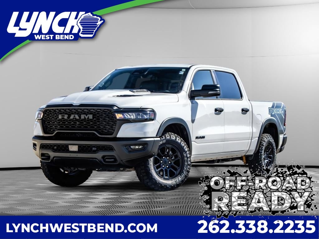 2026 RAM 1500 Rebel in White — front three-quarter view