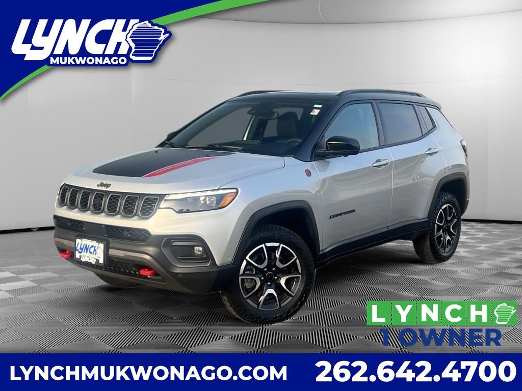2025 Jeep Compass Trailhawk in Silver Zynith Metallic Clearcoat — front three-quarter view
